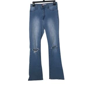 Vibe & Rant Light Blue Flare Jeans Y2K Distressed Hole Knees